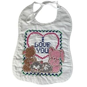 Vintage Handmade Cross Stitch Baby Bib Kitten Bunny Bear I Love You Tie-up Heart